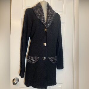 Black Long Bouclé Coat with Textured Trim